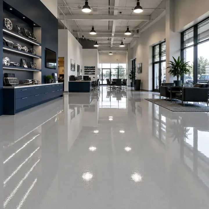 Commercial showroom with a high-gloss solid-color epoxy floor