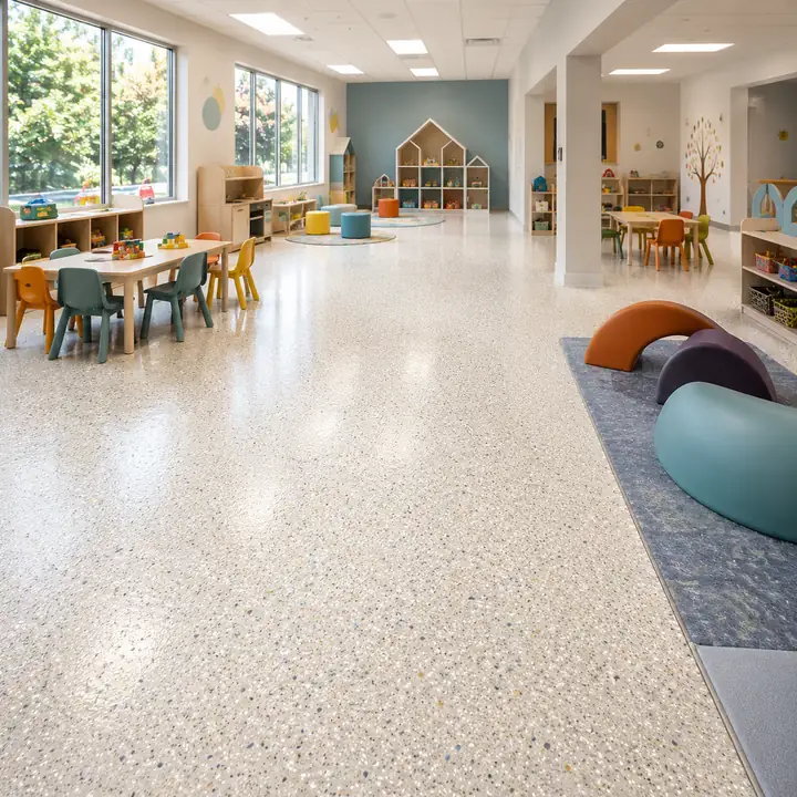 Bright day care play area with a safe, easy-clean epoxy floor