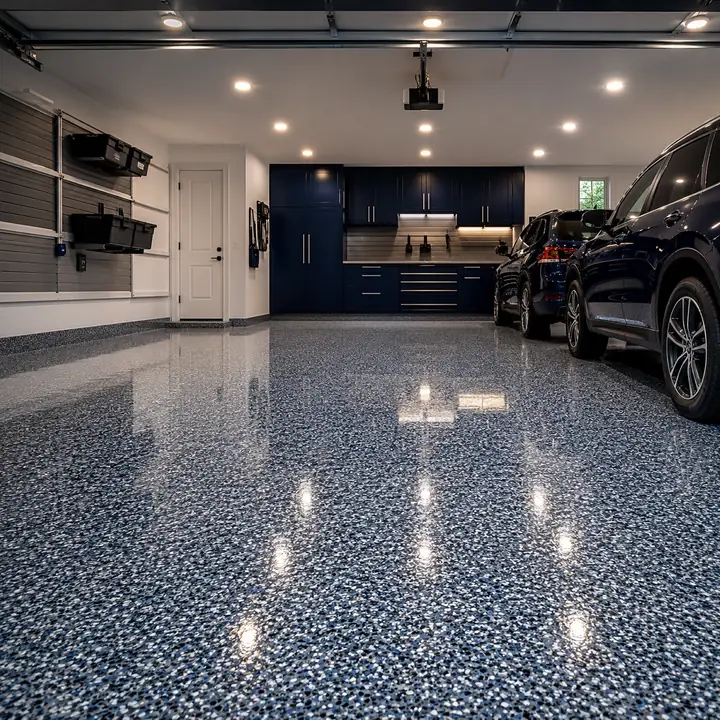 Premium full-chip epoxy coated garage floor in a luxury home garage