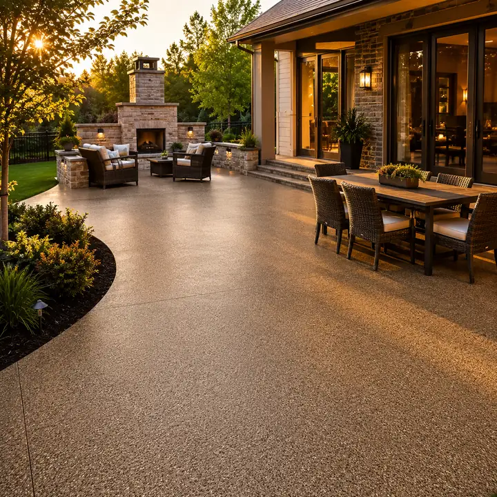 Backyard patio with a decorative concrete coating